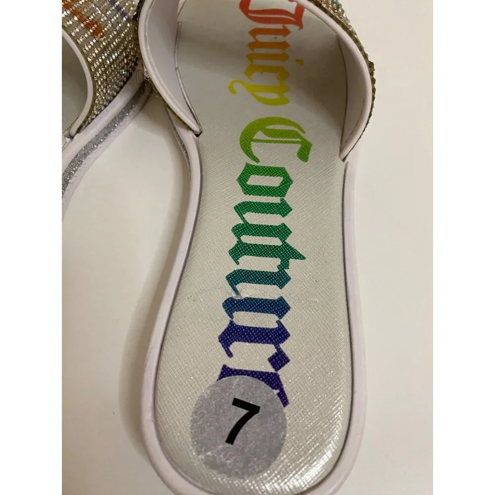Juicy Couture Crystal Slip-On Slides Women Size 7 Clear Rainbow Sandal Flats Y2K